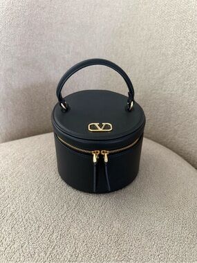 Valentino Garavani Black Round Top-Handle Mini Vanity Bag with Gold Hardware